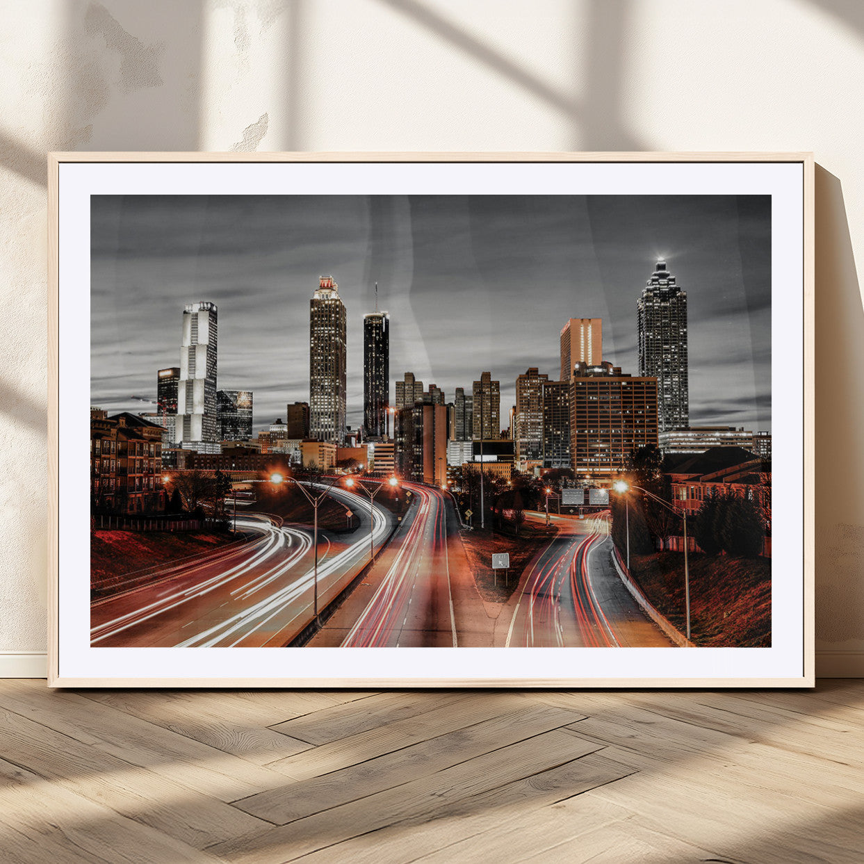 59097239-MGC-FP-36x24_Natural-City Skyline Wall Art – Modern Black and White Night Canvas Print with Red Light Trails, Urban Landscape Decor for Living Room or