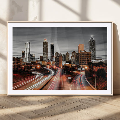 59097239-MGC-FP-36x24_Natural-City Skyline Wall Art – Modern Black and White Night Canvas Print with Red Light Trails, Urban Landscape Decor for Living Room or
