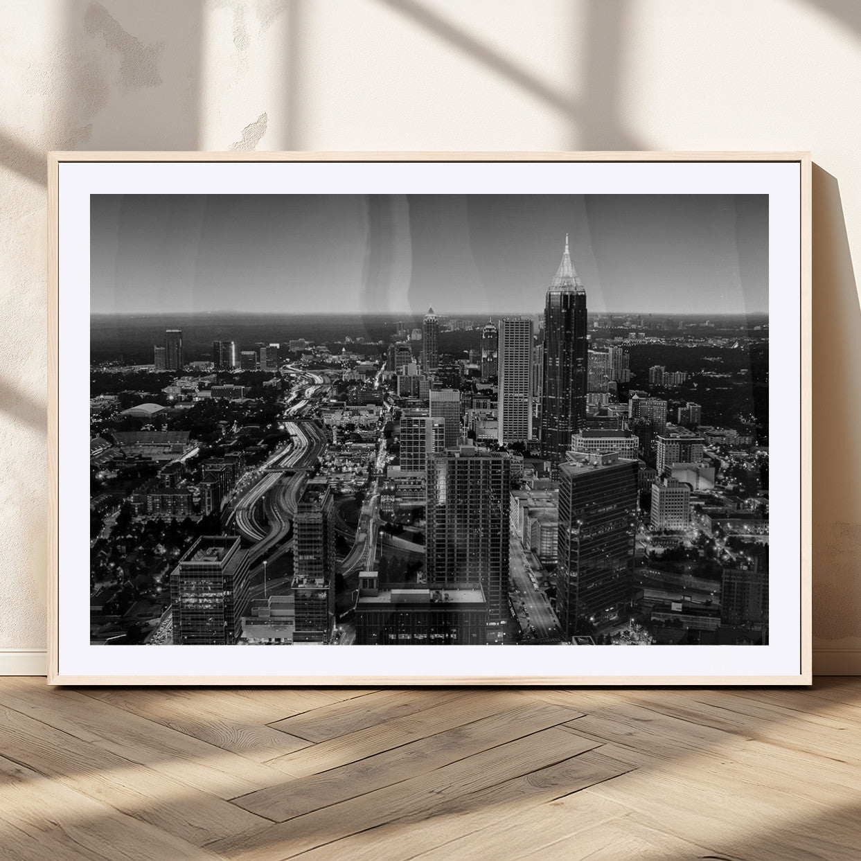 46578567-MGC-FP-36x24_Natural-Atlanta Skyline Wall Art – Black and White Cityscape Canvas Print, Modern Urban Night Decor for Office, Living Room, or Apartment