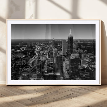 46578567-MGC-FP-36x24_Natural-Atlanta Skyline Wall Art – Black and White Cityscape Canvas Print, Modern Urban Night Decor for Office, Living Room, or Apartment