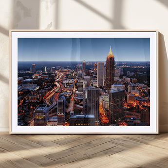 81886632-MGC-FP-36x24_Natural-Atlanta Skyline Wall Art – Vibrant City Lights Canvas Print, Modern Urban Cityscape Decor for Living Room, Office, or Apartment