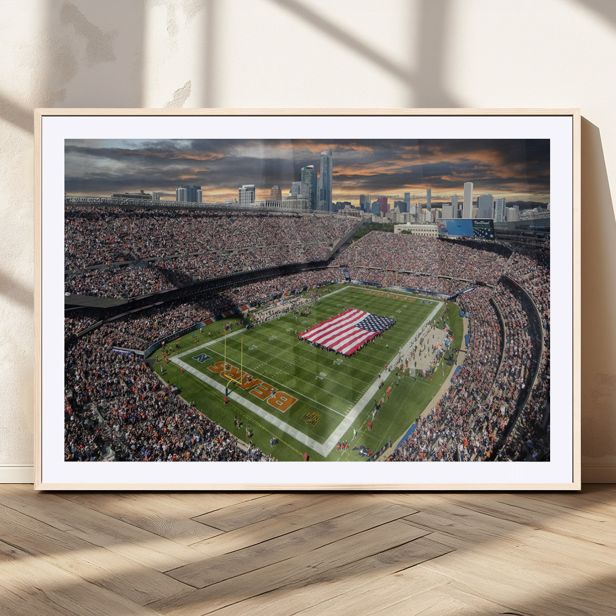 98106777-MGV-CV-36X24-Soldier Field Wall Art – Chicago Bears Stadium Canvas Print with American Flag, Game Day Football Decor for Man Cave, Bar, or