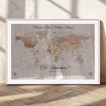 95243244-MGV-CV-36X24-Wander Often Wonder Always World Map Wall Art – Neutral Beige Adventure Canvas Print, Rustic Boho Travel Decor for Bedroom, Living