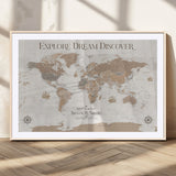 63516865-MGV-CV-36X24-Explore Dream Discover World Map Wall Art – Inspirational Travel Adventure Canvas Print, Neutral Parchment Style Explorer Decor