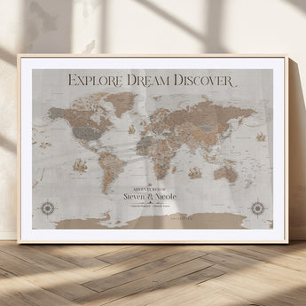 63516865-MGV-CV-36X24-Explore Dream Discover World Map Wall Art – Inspirational Travel Adventure Canvas Print, Neutral Parchment Style Explorer Decor