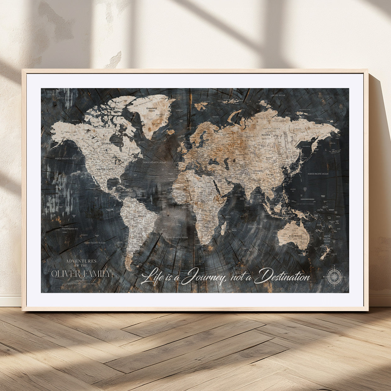 37848568-MGV-CV-36X24-Life is a Journey Not a Destination World Map Rustic Wood Texture Vintage Beige Navy Adventure Wall Art Canvas Print for Home