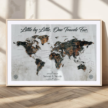 88337180-MGV-CV-36X24-Little by Little One Travels Far Tolkien Quote World Map Rustic Black Brown Adventure Wall Art Canvas Print for Home Office Living