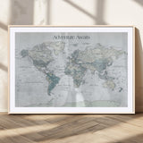 TEST111-MGC-FP-36x24_Natural-Personalized Adventure Awaits Push Pin World Map – Custom Framed Travel Tracker Canvas Wall Art for Home, Office