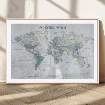 TEST111-MGC-FP-36x24_Natural-Personalized Adventure Awaits Push Pin World Map – Custom Framed Travel Tracker Canvas Wall Art for Home, Office