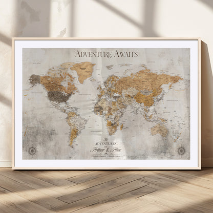 99422096-MGC-FP-36x24_Natural-Adventure Awaits World Map Wall Art – Neutral Beige Canvas Print, Modern Travel Inspired Wall Decor for Living Room, Bedroom or