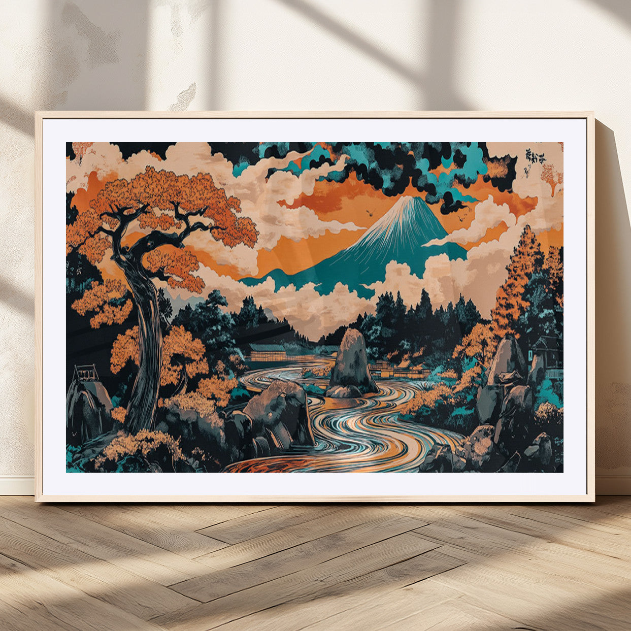 21638941-MGC-FP-36x24_Natural-Japanese Landscape Wall Art – Mount Fuji and Flowing River Ukiyo-e Style Canvas Print, Traditional Japan Inspired Artwork for