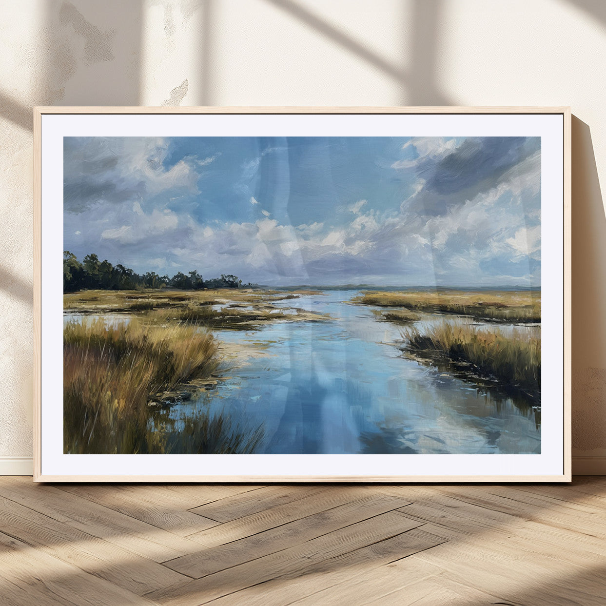 87082041-MGV-CV-36X24-Painted Marshland Canvas Wall Art – Serene Water Reflection, Blue Sky, Golden Grass Landscape, Calm Nature Decor for Home, Office,