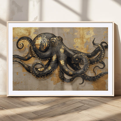 57944271-MGV-CV-36X24-Octopus Wall Art – Black and Gold Nautical Canvas Print, Modern Ocean Inspired Artwork with Elegant Detailing, Coastal Marine