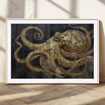 47056538-MGC-FP-36x24_Natural-Octopus Canvas Wall Art – Gold Detail, Wooden Texture, Marine Life, Ocean Creature Tentacles, Nautical Coastal Rustic Decor for