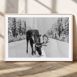 38956835-MGV-CV-36X24-Moose Wall Art – Black and White Wildlife Canvas Print with Snowy Forest Road, Rustic Nature Photography for Cabin, Lodge, Living
