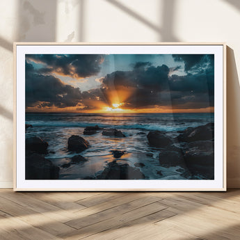 66040852-MGC-FP-36x24_Natural-Ocean Sunset Canvas Wall Art – Rocky Shore Waves, Dramatic Clouds, Golden Sun Rays, Coastal Nature, Serene Water Reflection for