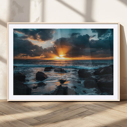 66040852-MGC-FP-36x24_Natural-Ocean Sunset Canvas Wall Art – Rocky Shore Waves, Dramatic Clouds, Golden Sun Rays, Coastal Nature, Serene Water Reflection for
