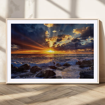 35900590-MGC-FP-36x24_Natural-Sunset Ocean Waves Canvas Wall Art – Rocky Shore, Dramatic Sky, Golden Sun Rays, Coastal Beauty, Serene Water Motion for Living
