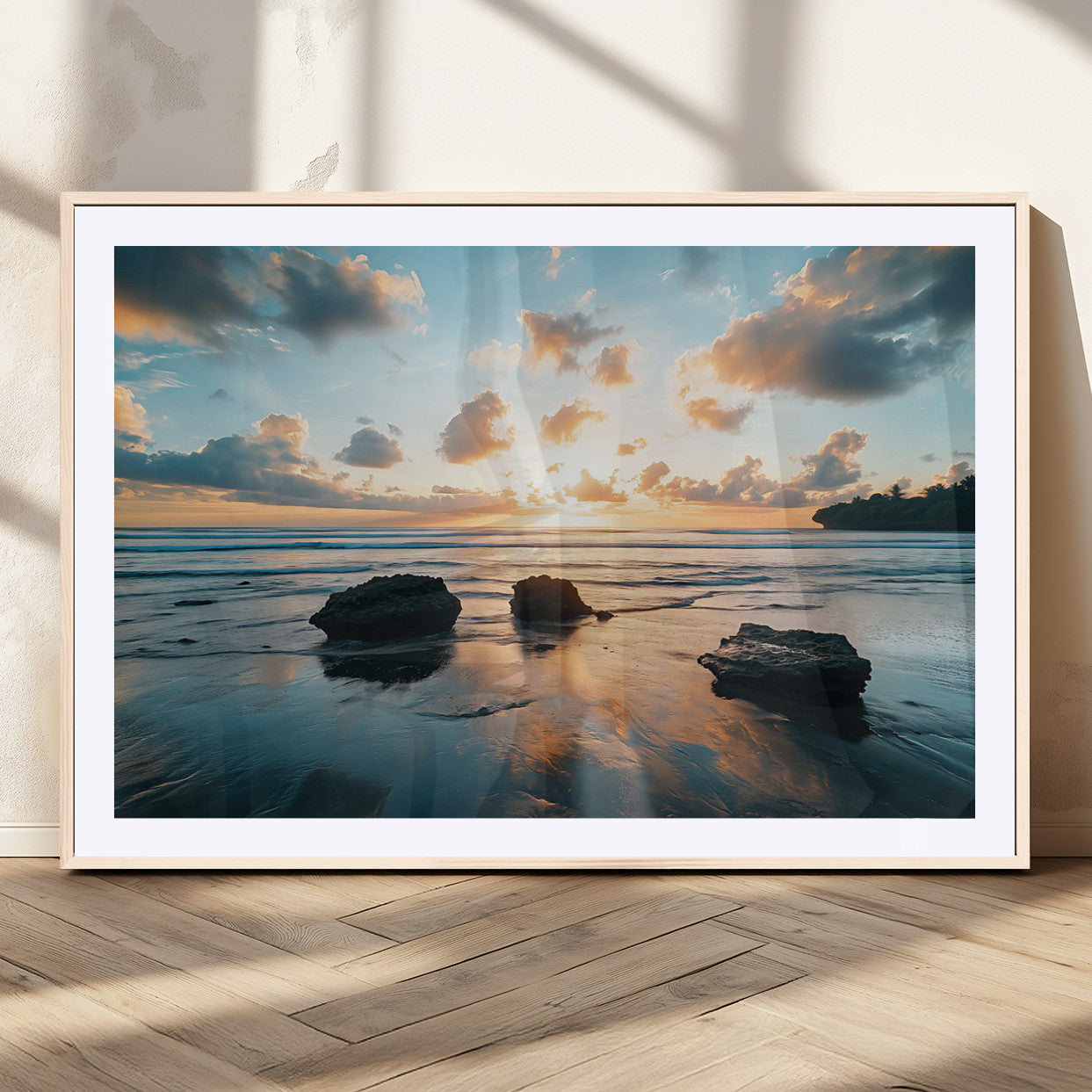 23879436-MGV-CV-36X24-Ocean Sunset Wall Art – Serene Seascape Canvas Print with Golden Sky, Reflections on Sand and Calm Waves, Peaceful Coastal