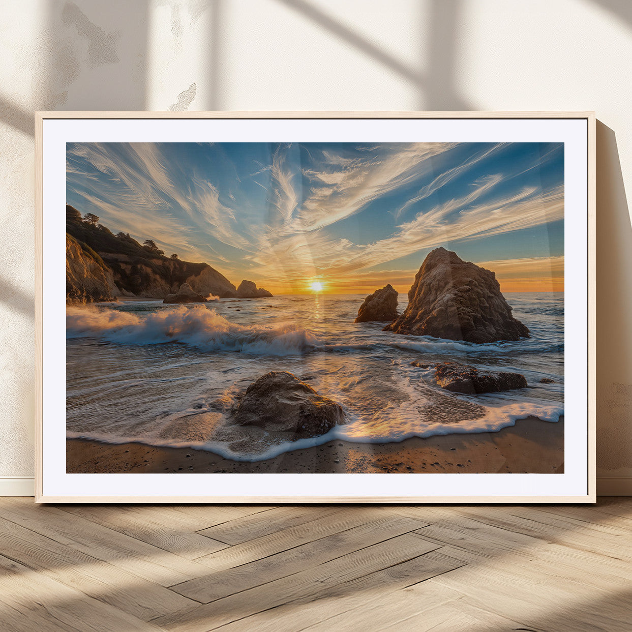 85659923-MGC-FP-36x24_Natural-Rocky Ocean Sunset Canvas Wall Art – Seaside Dramatic Seascape Print, Coastal Modern Decor, Ocean Sunset Art for Living Room or