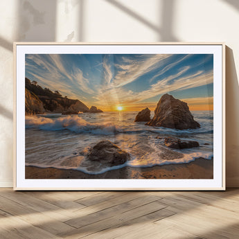 85659923-MGC-FP-36x24_Natural-Rocky Ocean Sunset Canvas Wall Art – Seaside Dramatic Seascape Print, Coastal Modern Decor, Ocean Sunset Art for Living Room or