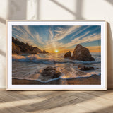 85659923-MGV-CV-36X24-Ocean Sunset Wall Art – Dramatic Seascape Canvas Print with Cliffs, Crashing Waves and Golden Sky, Bold Coastal Photography for
