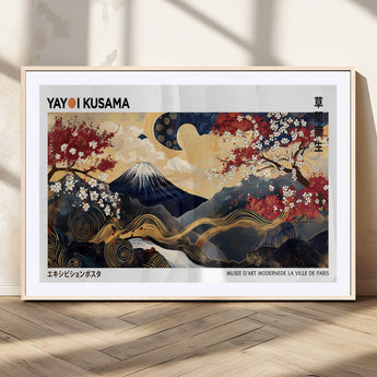 28945903-MGC-FP-36x24_Natural-Yayoi Kusama Inspired Japanese Art Canvas Print – Framed Floral & Mt. Fuji Wall Decor, Modern Asian Style Canvas for Home, Office,