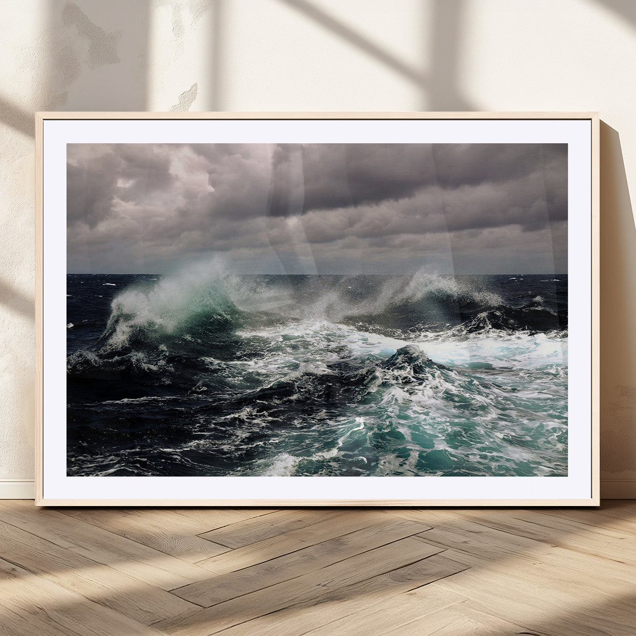 38622353-MGC-FP-36x24_Natural-Stormy Ocean Waves Canvas Wall Art – Framed Turbulent Sea Print, Large Nature Canvas for Coastal, Living Room, or Office Spaces
