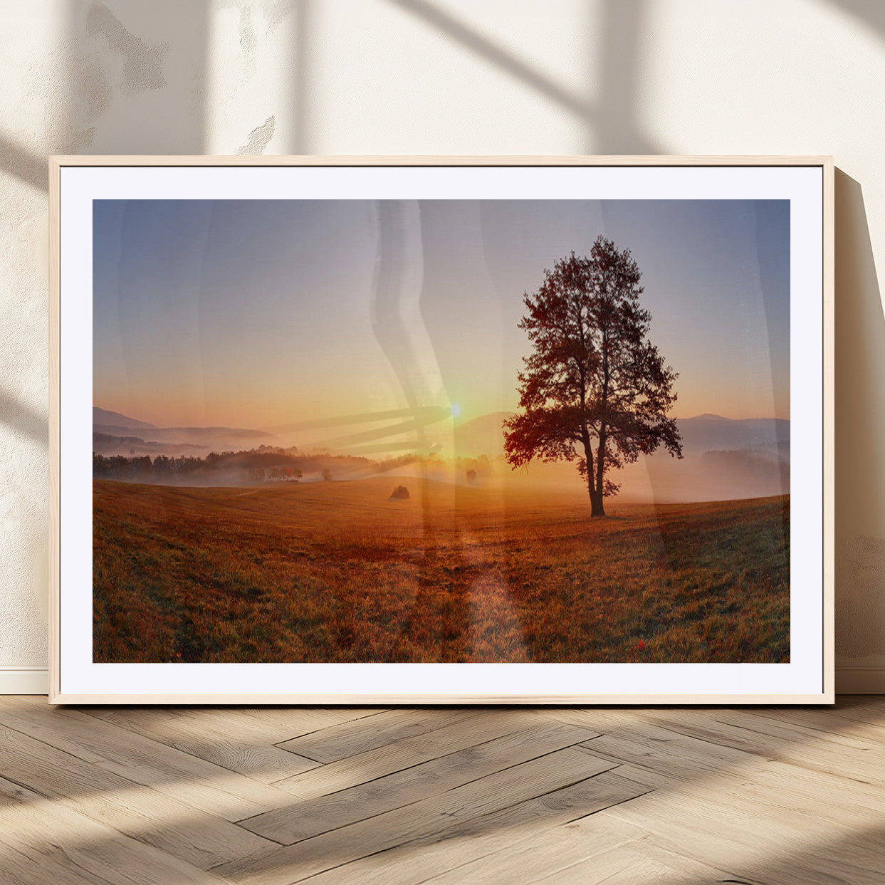 57919623-MGC-FP-36x24_Natural-Golden Sunrise Landscape Canvas Wall Art - Framed Misty Field Print, Large Nature Canvas for Living Room, Office, or Home Decor