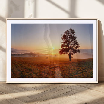 57919623-MGC-FP-36x24_Natural-Golden Sunrise Landscape Canvas Wall Art - Framed Misty Field Print, Large Nature Canvas for Living Room, Office, or Home Decor