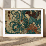 46837670-MGV-CV-36X24-Tsukioka Yoshitoshi Samurai Wall Art Print, Japanese Katana Warrior Canvas Wall Art, Octopus Sea Monster Canvas Print,