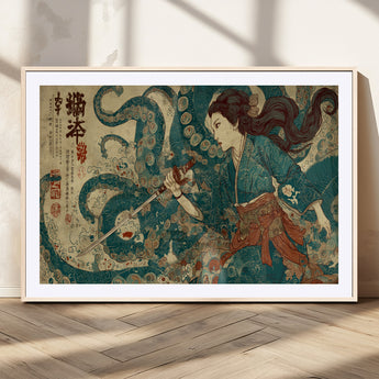 46837670-MGV-CV-36X24-Tsukioka Yoshitoshi Samurai Wall Art Print, Japanese Katana Warrior Canvas Wall Art, Octopus Sea Monster Canvas Print,