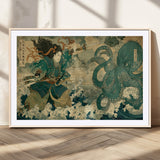 24416422-MGV-CV-36X24-Tsukioka Yoshitoshi Samurai Wall Art Print, Japanese Katana Warrior Canvas Wall Art, Octopus Sea Monster Canvas Print,
