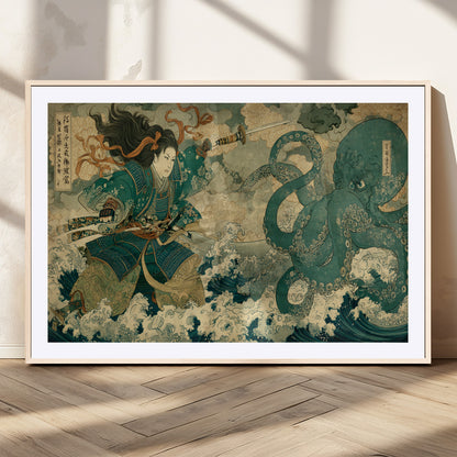 24416422-MGC-FP-36x24_Natural-Samurai vs Octopus Wall Art – Japanese Warrior Ocean Battle Canvas Print, Ukiyo e Inspired Decor for Home, Office, or Man Cave