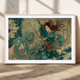 86918027-MGV-CV-36X24-Tsukioka Yoshitoshi Samurai Wall Art Print, Japanese Katana Warrior Canvas Wall Art, Octopus Sea Monster Canvas Print,