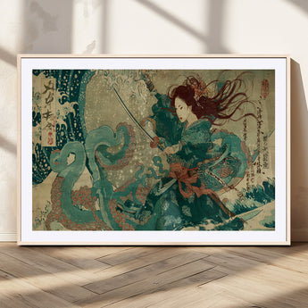 86918027-MGV-CV-36X24-Tsukioka Yoshitoshi Samurai Wall Art Print, Japanese Katana Warrior Canvas Wall Art, Octopus Sea Monster Canvas Print,