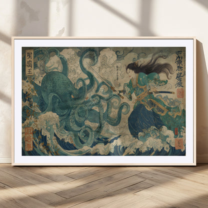 60346622-MGV-CV-36X24-Tsukioka Yoshitoshi Samurai Wall Art Print, Japanese Katana Warrior Canvas Wall Art, Octopus Sea Monster Canvas Print,