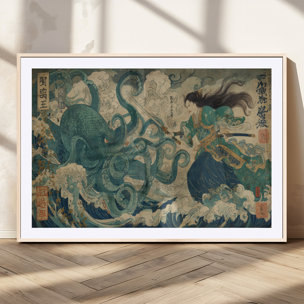60346622-MGC-FP-36x24_Natural-Samurai Warrior vs Octopus Wall Art – Japanese Ukiyo-e Style Ocean Battle Canvas Print, Traditional Samurai Artwork for Living