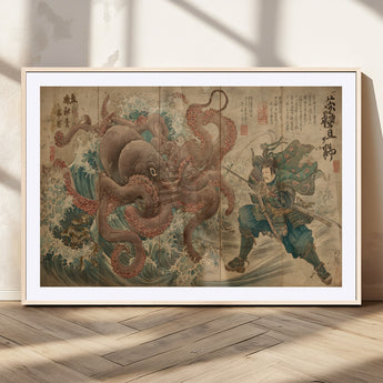 63782167-MGV-CV-36X24-Tsukioka Yoshitoshi Samurai Wall Art Print, Japanese Katana Warrior Canvas Wall Art, Octopus Sea Monster Canvas Print,