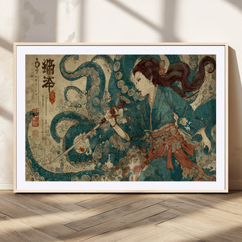 18575670-MGV-CV-36X24-Tsukioka Yoshitoshi Samurai Wall Art Print, Japanese Katana Warrior Canvas Wall Art, Octopus Sea Monster Canvas Print,