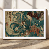 18575670-MGC-FP-36x24_Natural-Samurai Woman vs Octopus Wall Art – Japanese Ukiyo-e Ocean Battle Canvas Print, Traditional Warrior Artwork for Living Room,