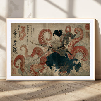 50812504-MGC-FP-36x24_Natural-Samurai Woman vs Octopus Wall Art – Japanese Ukiyo-e Red Tentacle Canvas Print, Ocean Battle Artwork for Living Room, Office, Man