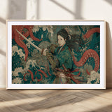 35461724-MGC-FP-36x24_Natural-Samurai Woman vs Octopus Wall Art – Japanese Ukiyo-e Ocean Waves Canvas Print, Red Tentacle Battle Artwork for Living Room,