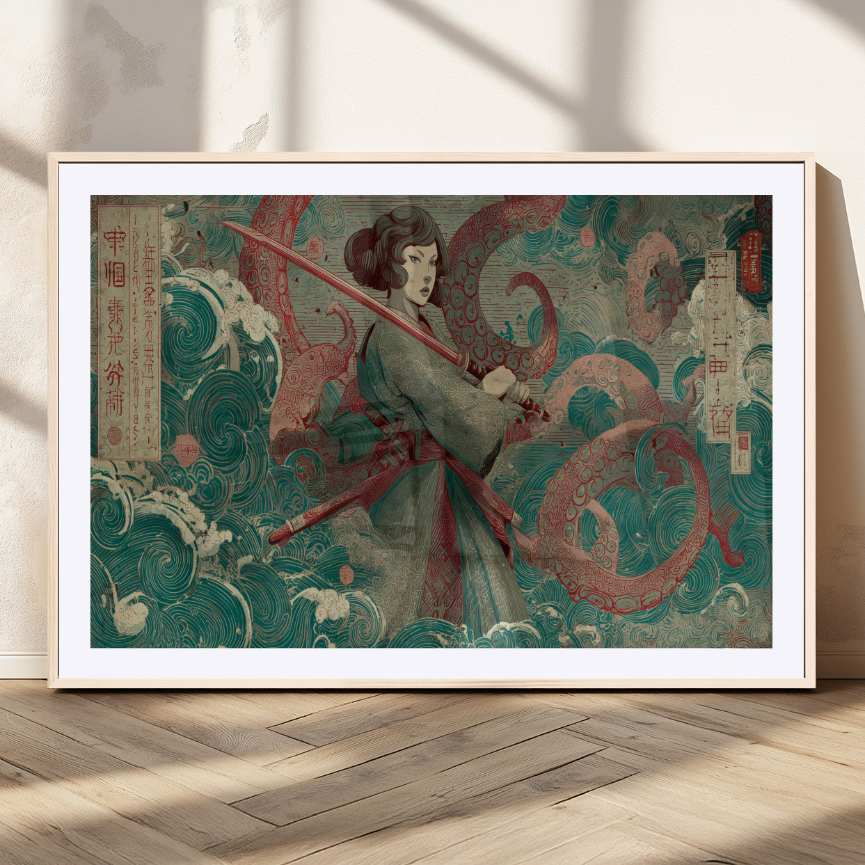 91666601-MGC-FP-36x24_Natural-Samurai Woman vs Octopus Wall Art – Japanese Ukiyo-e Green Robe Canvas Print, Ocean Battle Artwork for Living Room, Office, Man