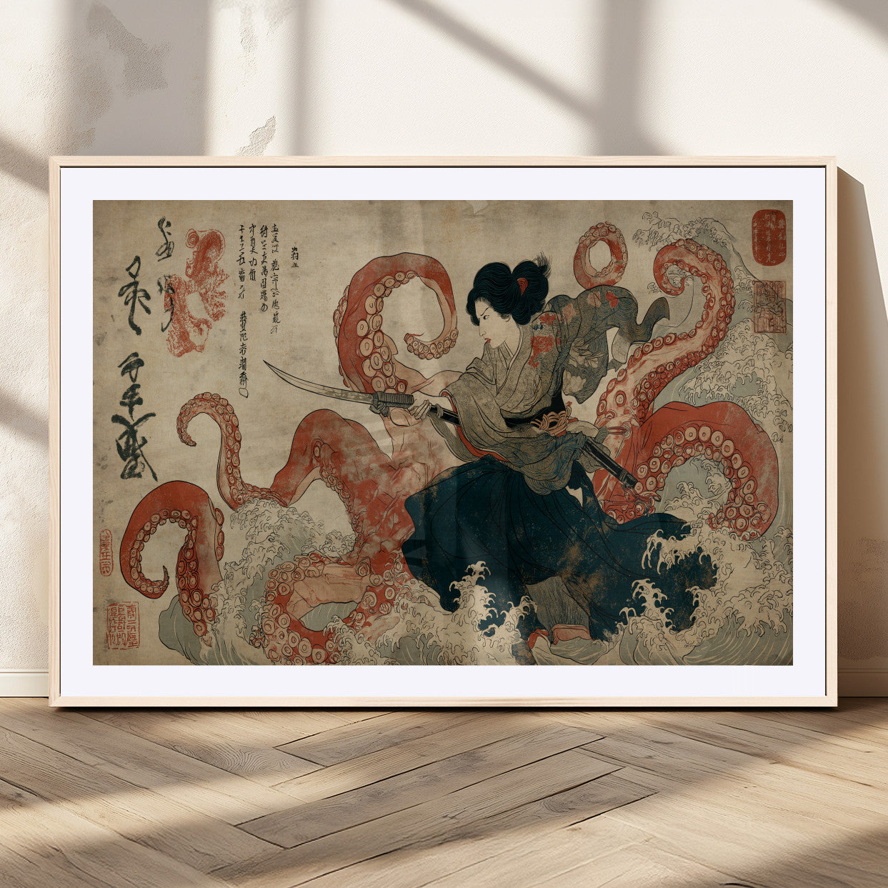 82737246-MGC-FP-36x24_Natural-Samurai Woman vs Octopus Wall Art – Japanese Ukiyo-e Dual Sword Canvas Print, Red Tentacle Ocean Battle Artwork for Living Room,