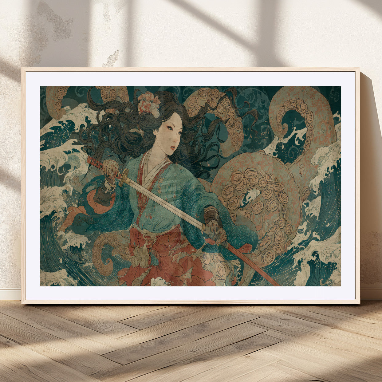 79740258-MGC-FP-36x24_Natural-Samurai Woman vs Octopus Wall Art – Japanese Ukiyo-e Blue Kimono Canvas Print, Ocean Battle Artwork for Living Room, Office, Man