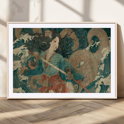 79740258-MGC-FP-36x24_Natural-Samurai Woman vs Octopus Wall Art – Japanese Ukiyo-e Blue Kimono Canvas Print, Ocean Battle Artwork for Living Room, Office, Man