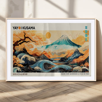 94085549-MGV-CV-36X24-Yayoi Kusama Inspired Japanese Landscape Art Print – Vibrant Mount Fuji, Waves & Autumn Trees, Modern Decorative Poster for