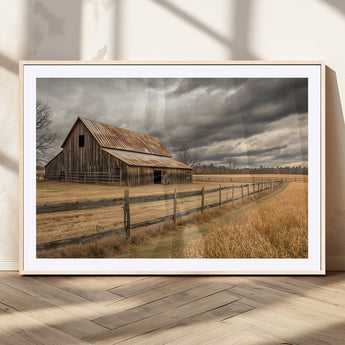 21991117-MGC-FP-36x24_Natural-Rustic Barn Wall Art – Weathered Farmhouse Canvas Print, Stormy Sky and Golden Field Photography Decor for Bedroom, Living Room,