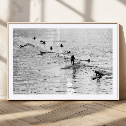 68018616-MGC-FP-36x24_Natural-Black and White Surf Photography Print – Minimalist Ocean Wall Art, Surfers Riding Waves, Coastal Beach Decor for Modern Home or